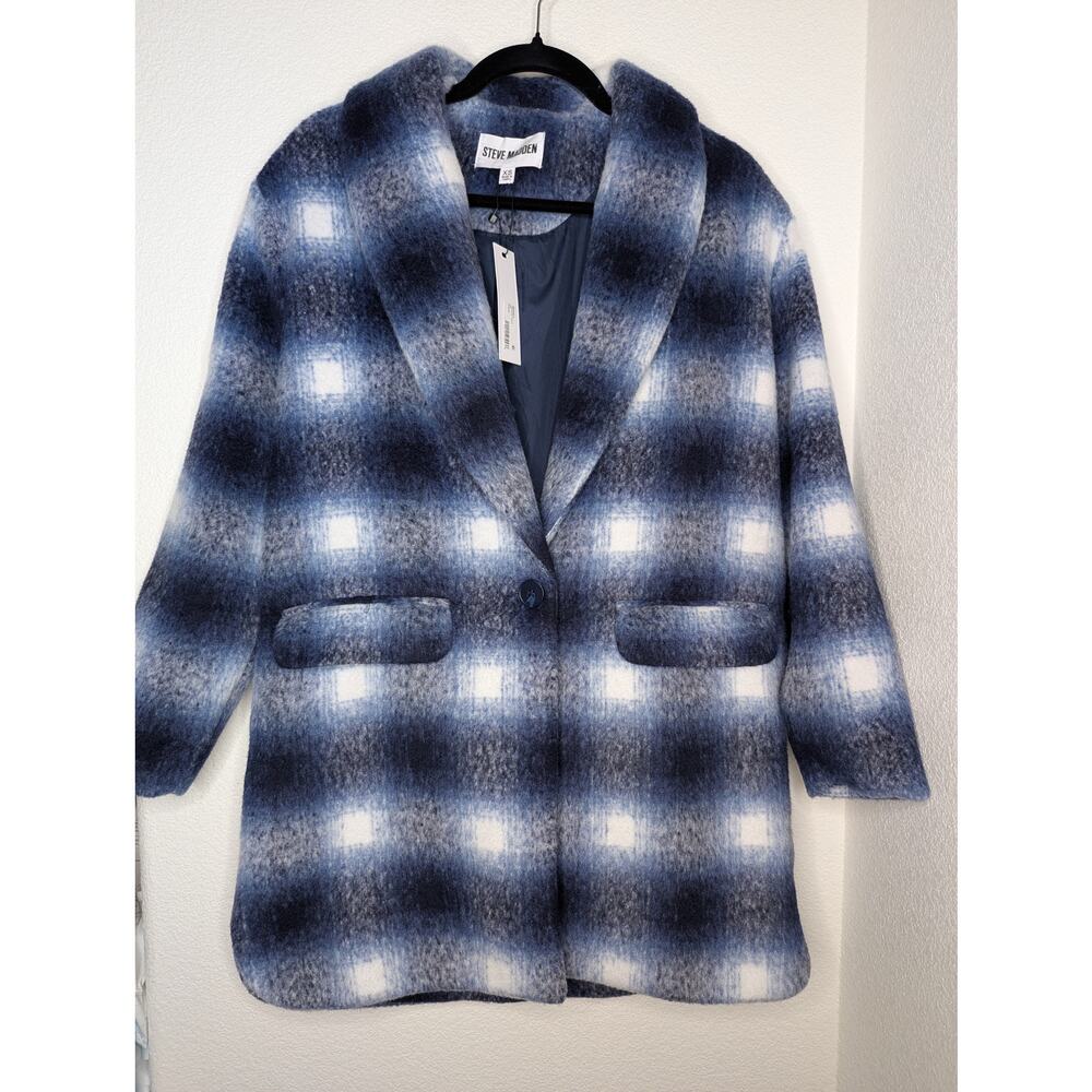 Steve Madden NWT Zoey Brushed Plaid Peacoat Navy White XS